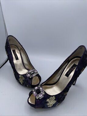 Nina New York Purple Sequin peep Toe Platform Pumps jewell High Heel Women Sz 10